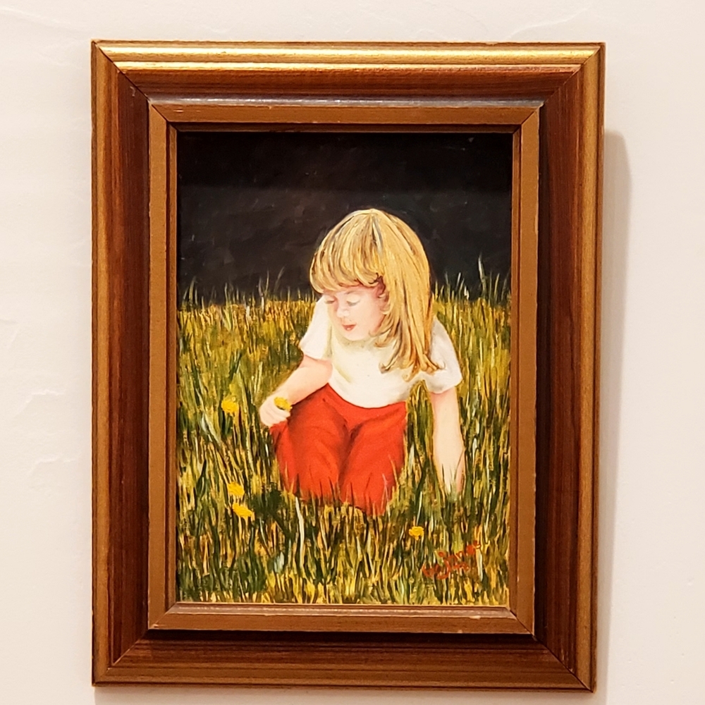 1973 Oil Painting Canvas Little Girl Picking Flower In Meadow Wood Frame, 9"×7"